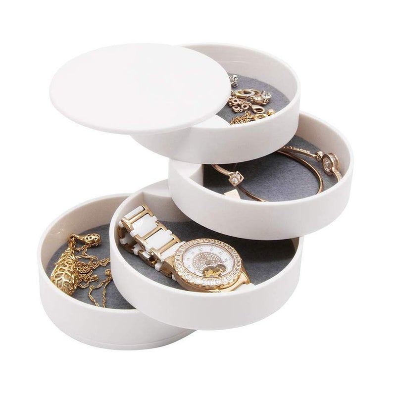 Fullgaden Organizer, 4-Tier 360 Degree Rotating Jewelry Storage Box for Earring Bracelets Rings Fits Small Spaces on Dressers, White - Image 1